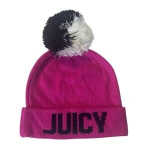 Juicy Couture Pink Knit Beanie With Pom Pom & Bold Logo Design